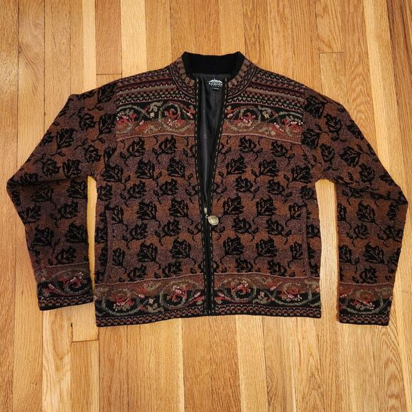 Icelandic Design Floral Fall Colors Wool Zip 90's Cardigan Sweater Jacket, Sz S - Picture 8 of 12